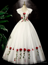 White Tulle Rose Flower Quinceanera Dress